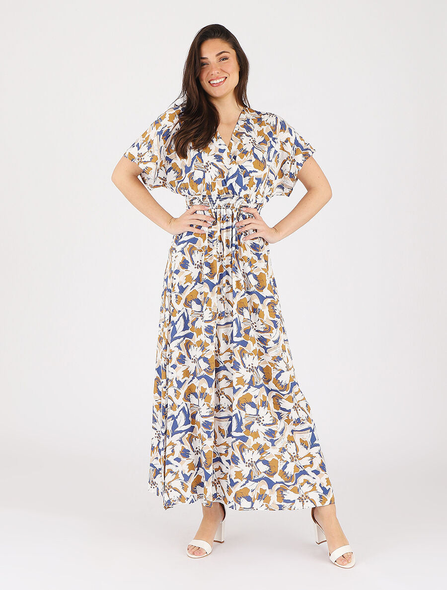 Robe longue manches courtes imprimé tropical - Bleu - 4