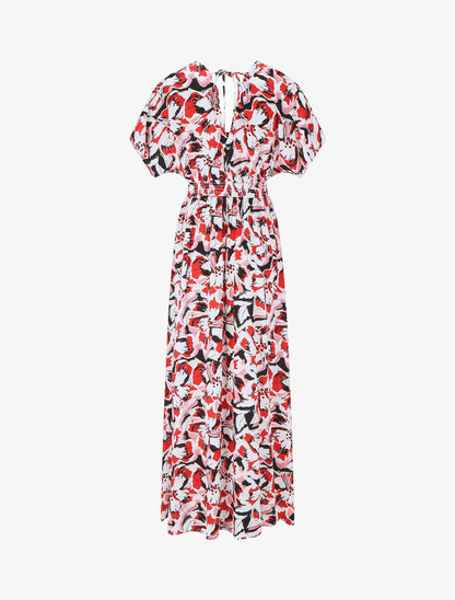 Robe longue manches courtes imprimé tropical - Rouge - 2