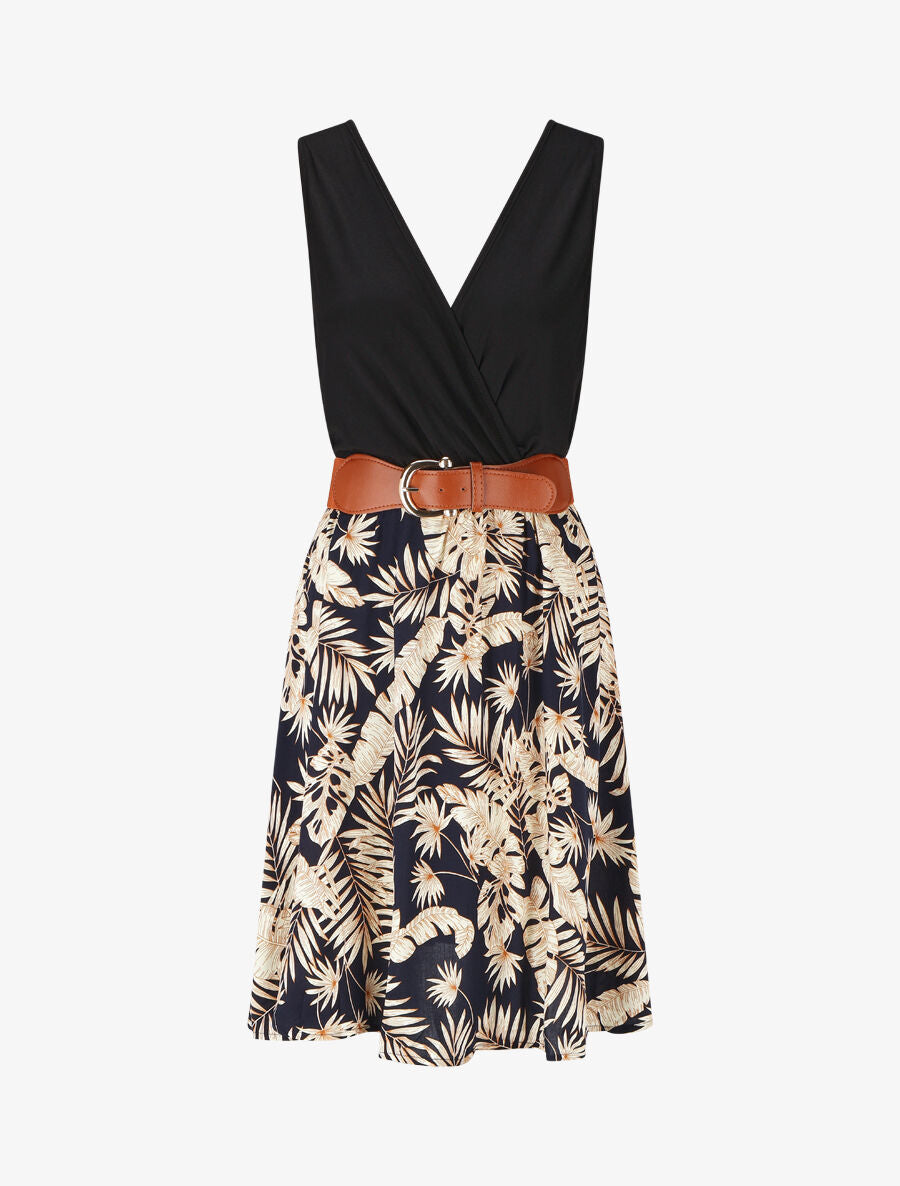 Robe mi-longue évasée imprimé tropical - Marine - 1