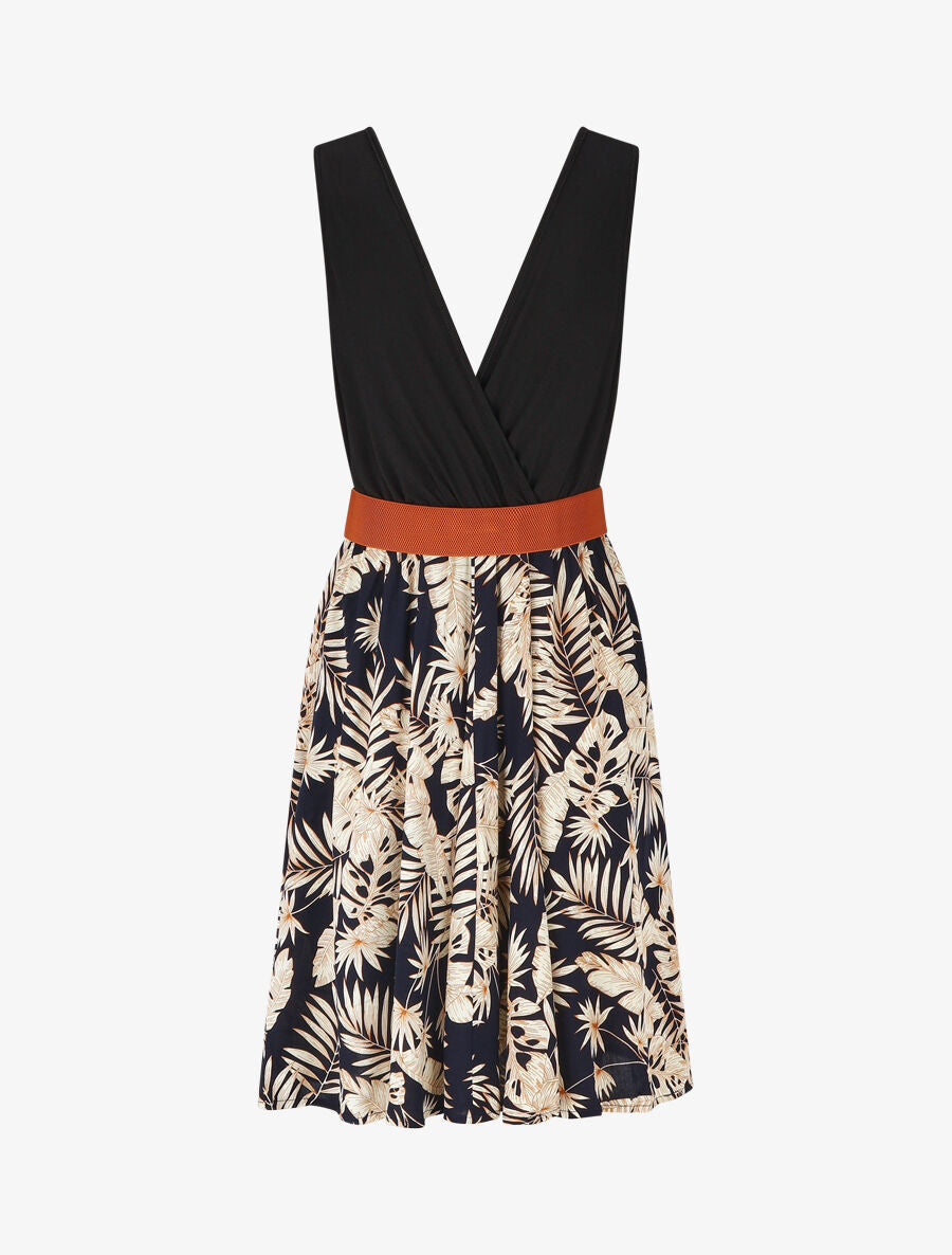 Robe mi-longue évasée imprimé tropical - Marine - 2