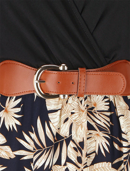 Robe mi-longue évasée imprimé tropical - Marine - 3