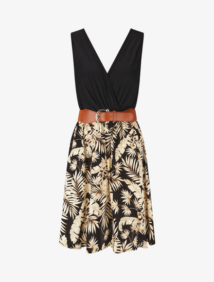 Robe mi-longue évasée imprimé tropical - Noir - 5