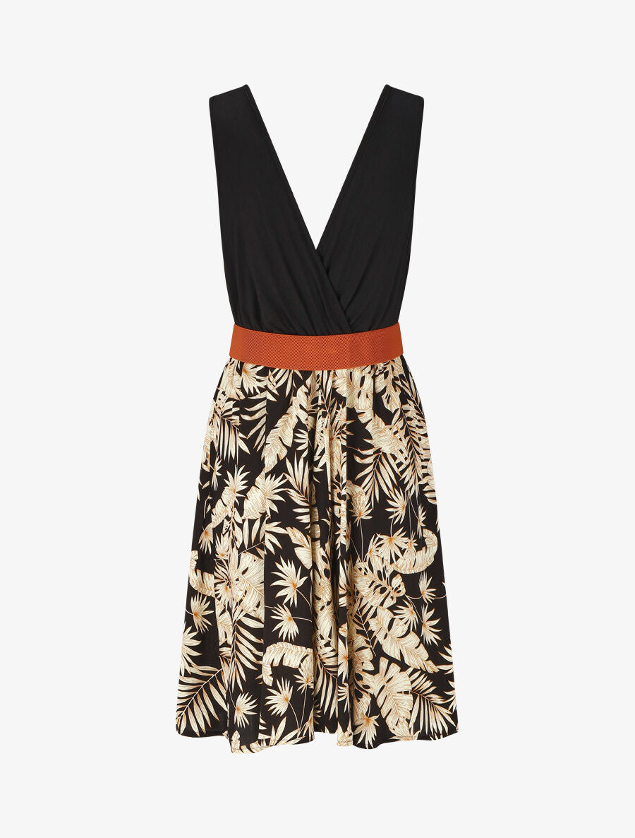 Robe mi-longue évasée imprimé tropical - Noir - 2