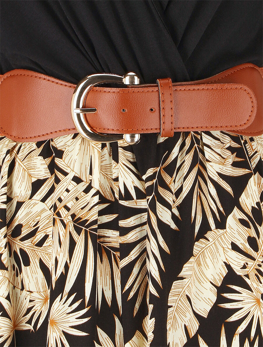 Robe mi-longue évasée imprimé tropical - Noir - 3