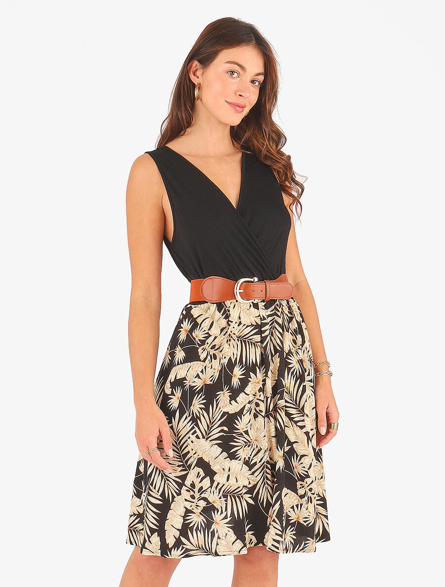 Robe mi-longue évasée imprimé tropical - Noir - 4