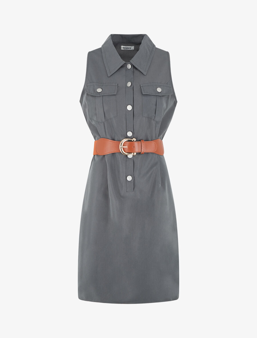 Robe unie style chemise sans manches - Gris foncé - 1