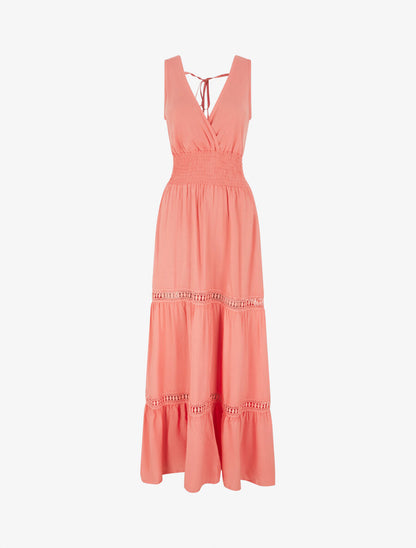 Robe longue élastiquée et liens à nouer - Corail - 4