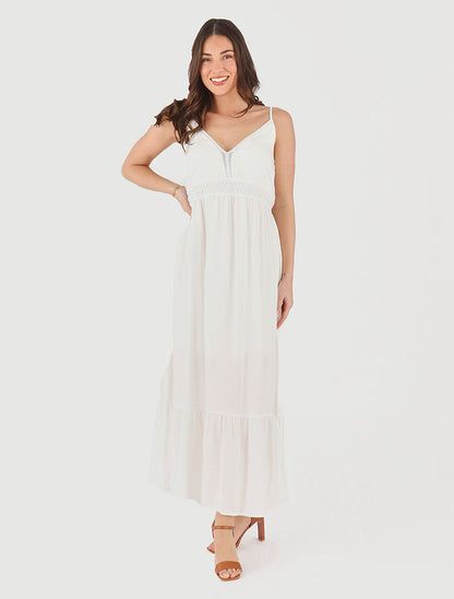 Robe longue unie à fines bretelles - Blanc - 4