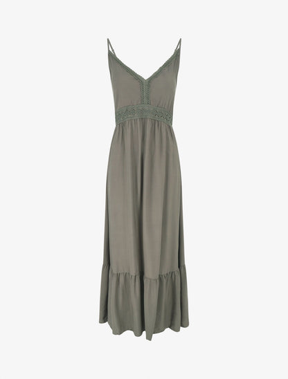 Robe longue unie à fines bretelles - Kaki - 1