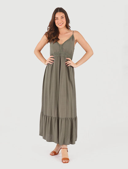 Robe longue unie à fines bretelles - Kaki - 4