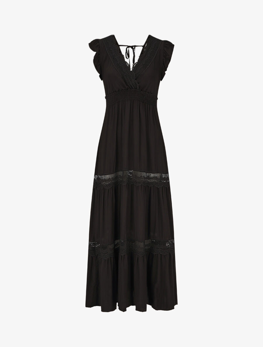 Robe longue unie ajourée - Noir - 1
