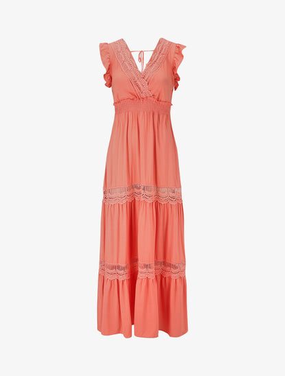 Robe longue unie ajourée - Corail - 1