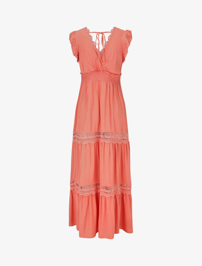 Robe longue unie ajourée - Corail - 2