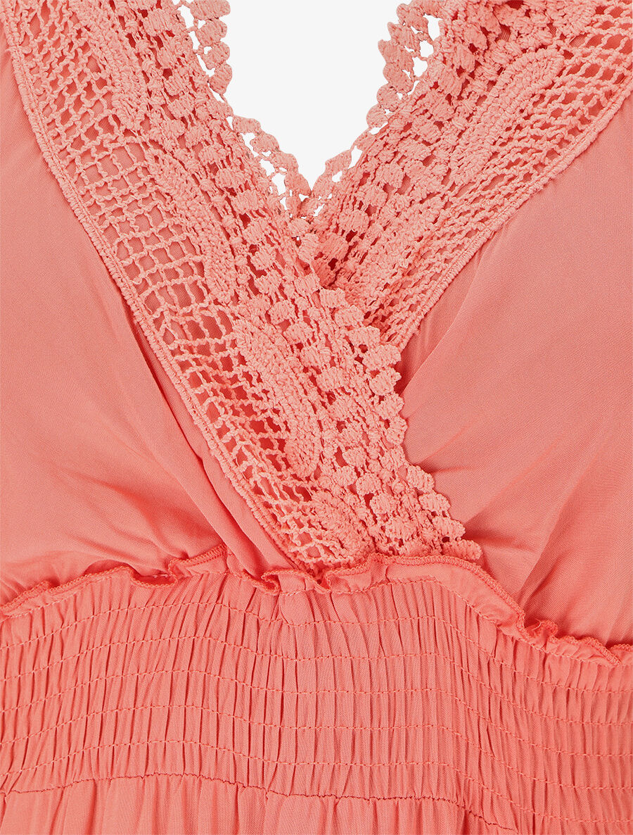 Robe longue unie ajourée - Corail - 3
