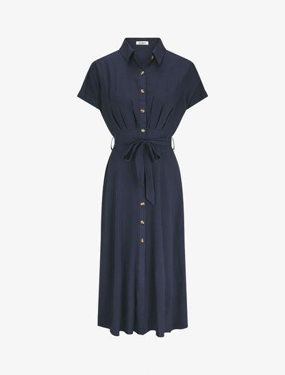 Robe chemise longue évasée et unie - Marine - 5
