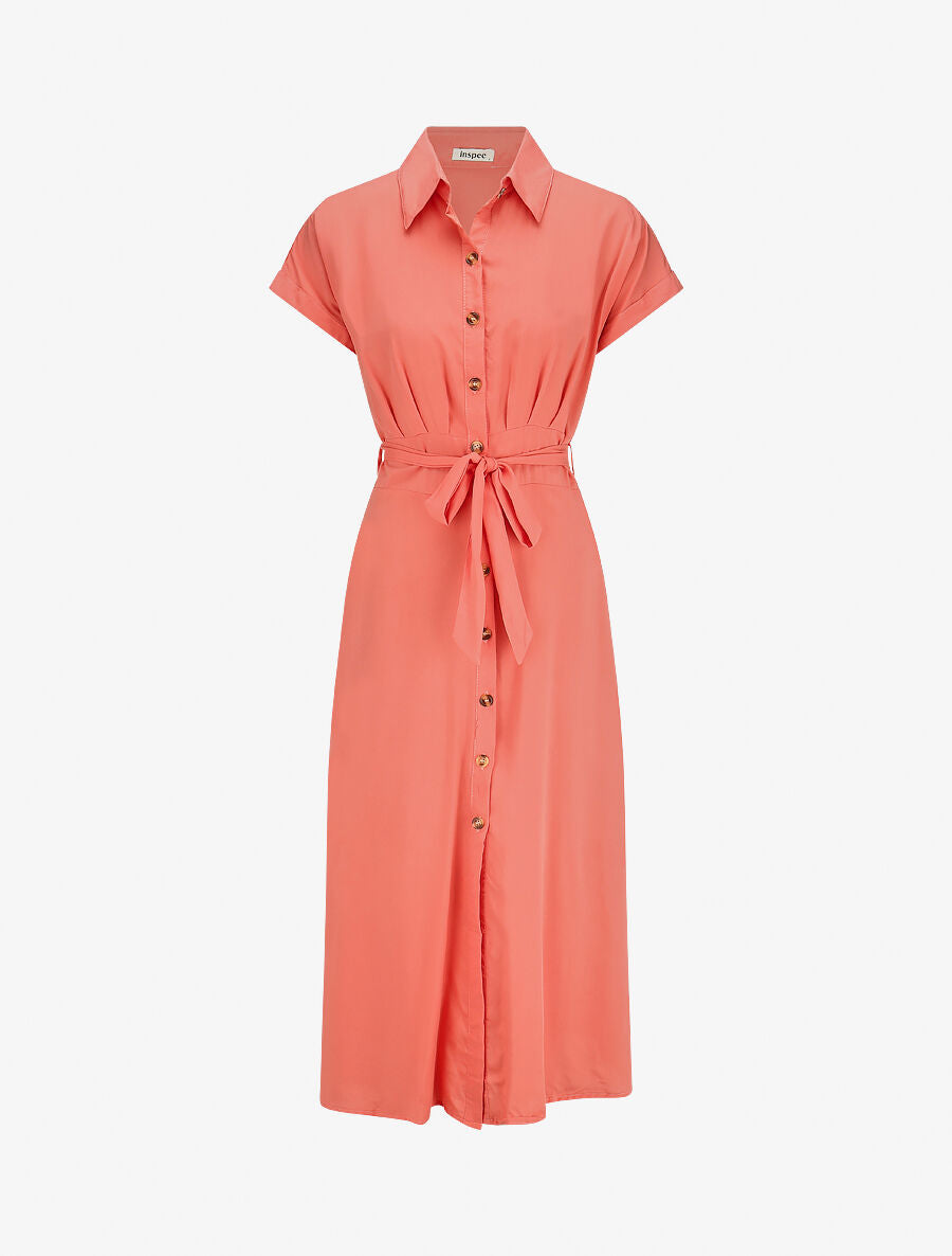 Robe chemise longue évasée et unie - Corail - 1