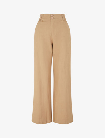 Pantalon ample effet lin à 2 boutons - Camel - 1