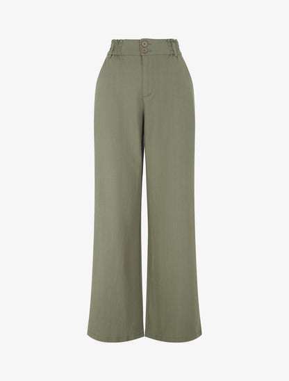 Pantalon ample effet lin à 2 boutons - Kaki - 1