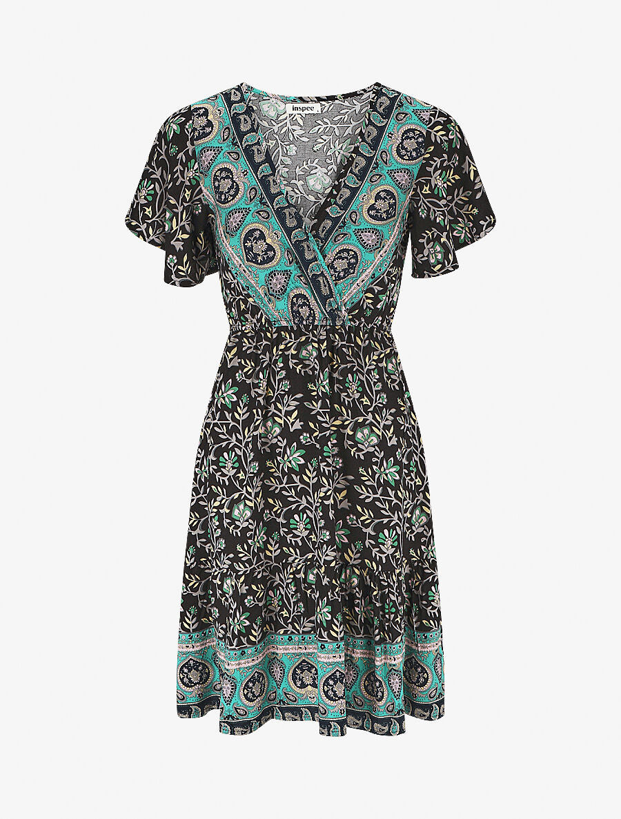 Robe imprimé foulard à manches volantées - Noir - 1