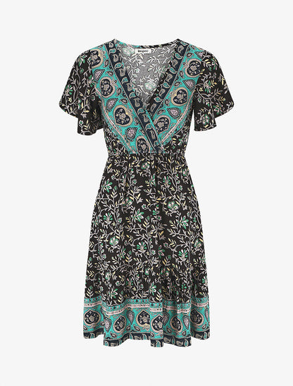 Robe imprimé foulard à manches volantées - Noir - 1