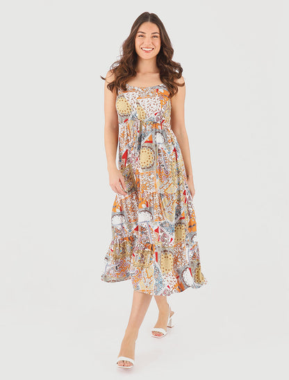 Robe longue motif patchwork à fines bretelles - Beige - 4