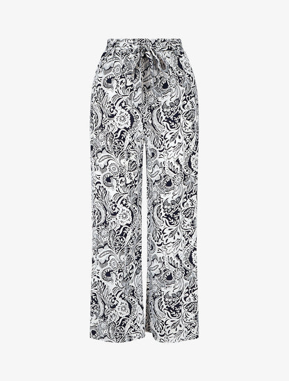 Pantalon fluide à imprimé feuillage - Marine - 1