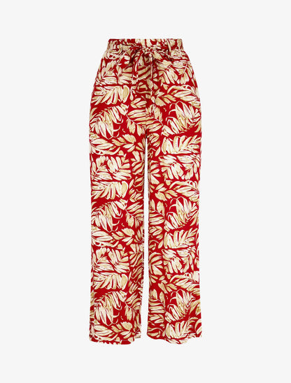 Pantalon fluide élastiqué imprimé feuilles - Rouge - 1