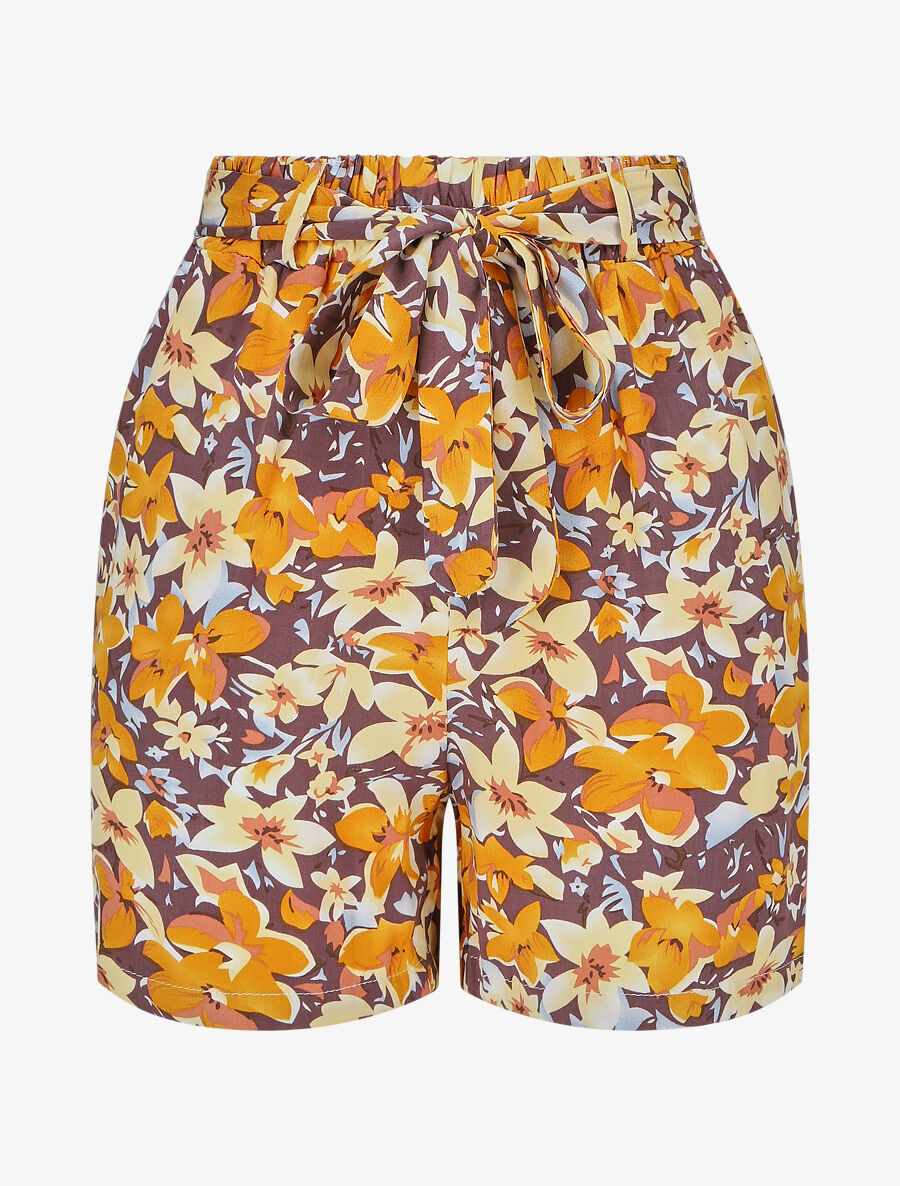 Short fluide imprimé fleuri et ceinturé - Taupe - 1