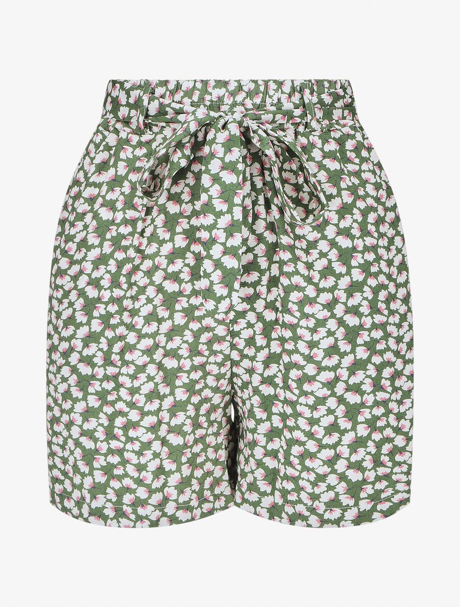 Short fluide imprimé petites fleurs et ceinturé - Vert - 4