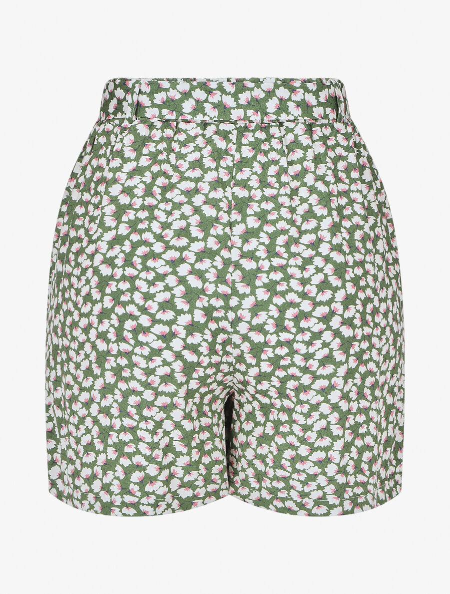 Short fluide imprimé petites fleurs et ceinturé - Vert - 2