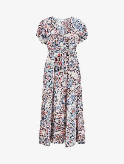 Robe longues motif floral à mancherons - Marine - 1