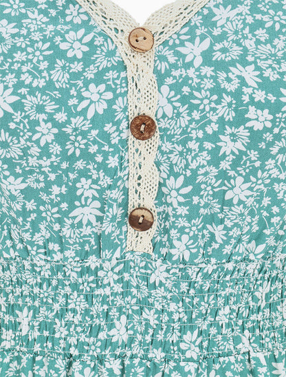 Robe longue manches courtes à petites fleurs - Vert d&