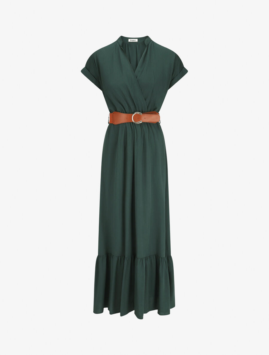 Robe longue unie manches courtes - Vert sapin - 5