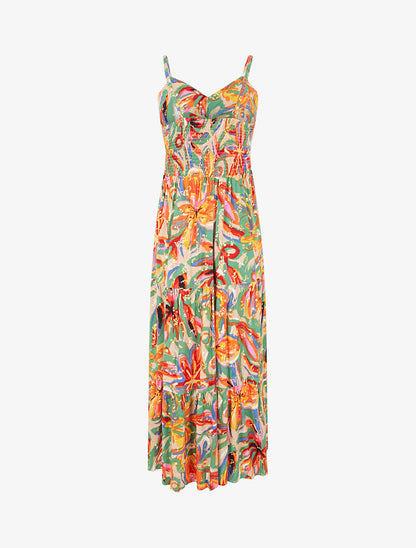 Robe longue fleurie évasée à fines bretelles - Beige/orange - 2