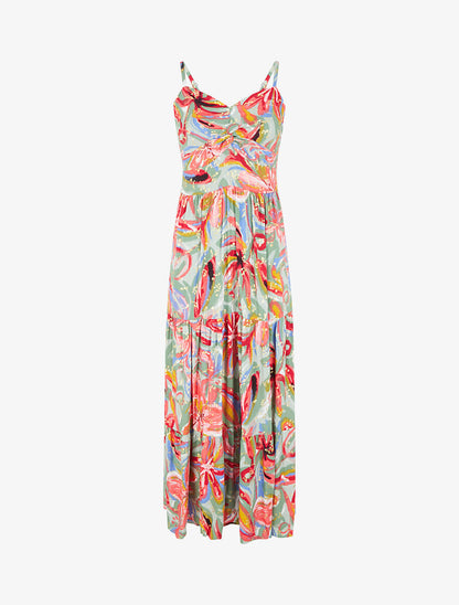 Robe longue fleurie évasée à fines bretelles - Vert/fuschia - 4