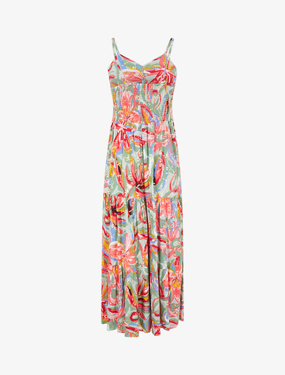 Robe longue fleurie évasée à fines bretelles - Vert/fuschia - 2