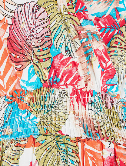 Robe longue évasée imprimé tropical sans manches - Blanc/turquoise - 3