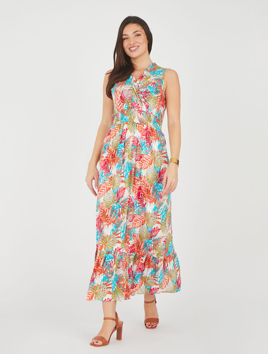 Robe longue évasée imprimé tropical sans manches - Blanc/turquoise - 4
