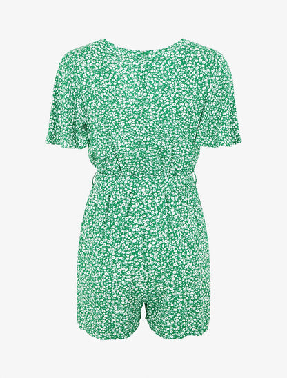 Combishort évasé manches courtes imprimé fleuri - Vert - 2