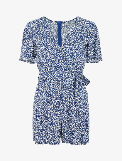 Combishort évasé manches courtes imprimé fleuri - Bleu - 5