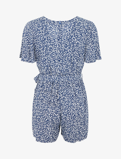 Combishort évasé manches courtes imprimé fleuri - Bleu - 2