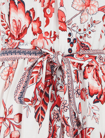 Robe mi-longue évasée imprimé floral - Rouge - 3