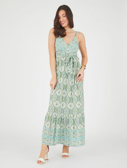 Robe longue évasée imprimé arabesque fleuri à bretelles - Vert - 4