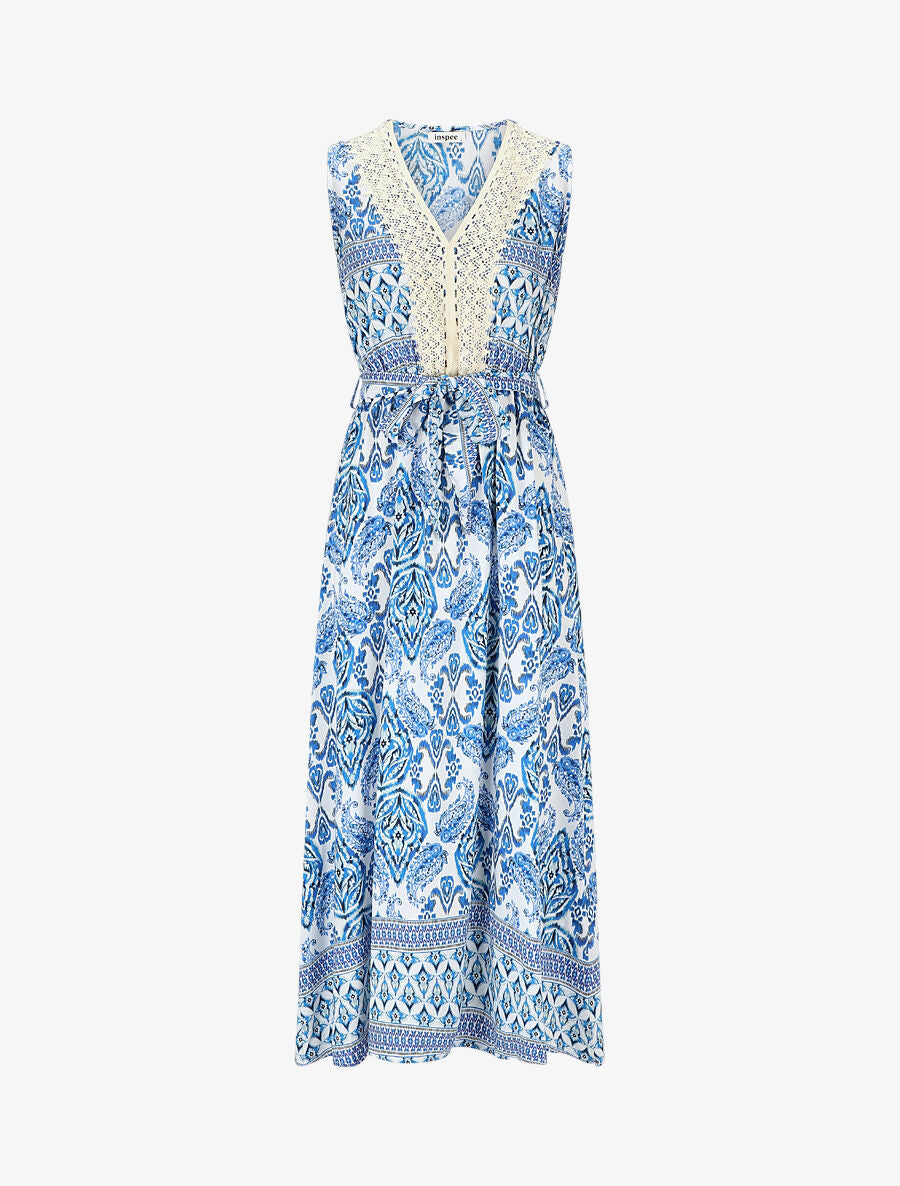 Robe longue à col à détail brodé - Bleu - 4