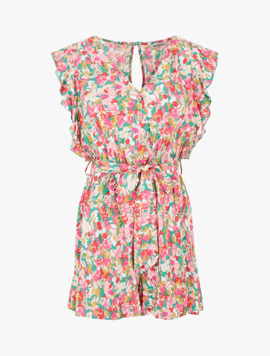 Combishort fleuri à manches volantées - Vert - 1