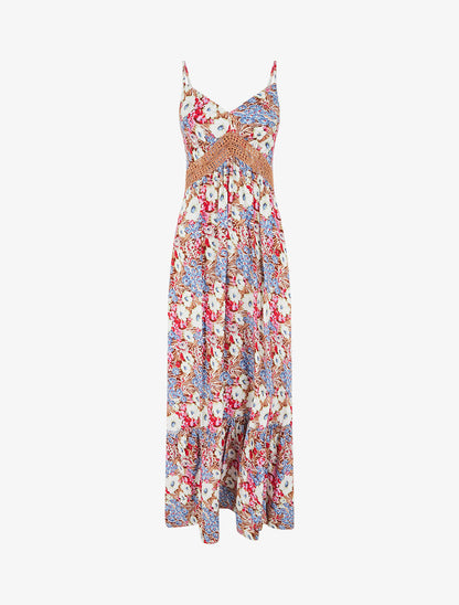 Robe longue fleuri à col V - Marron - 6