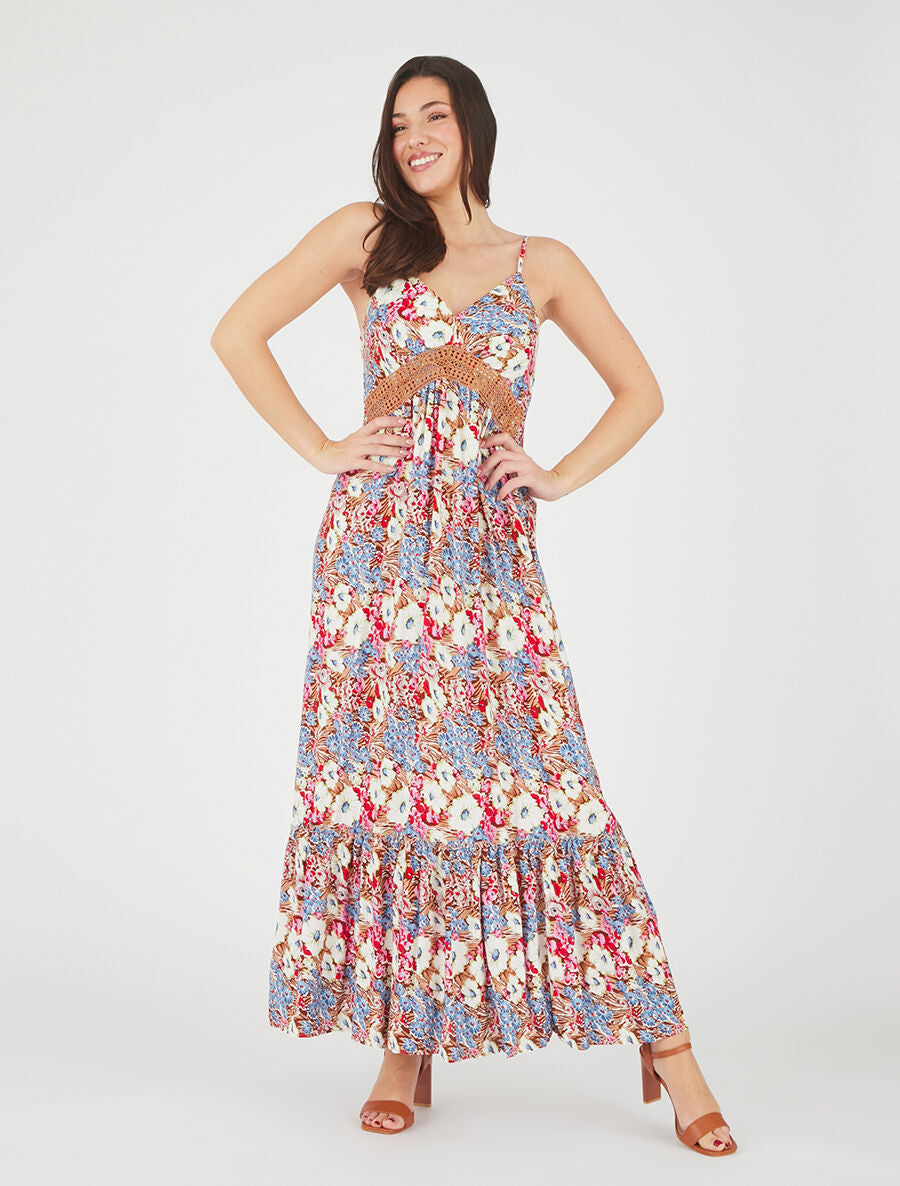 Robe longue fleuri à col V - Marron - 4