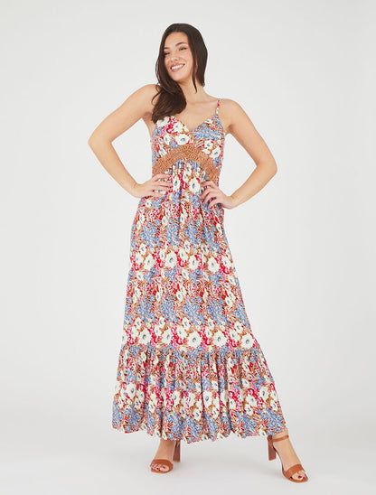 Robe longue fleuri à col V - Marron - 4