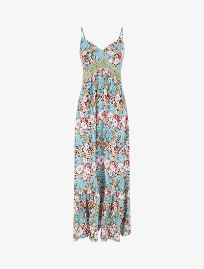 Robe longue fleuri à col V - Vert - 1