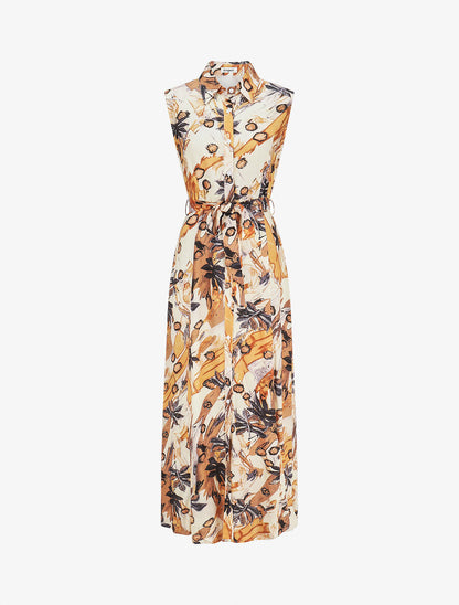 Robe longue sans manches imprimé feuille - Beige - 4
